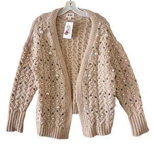 BIBI Pearl Embellished Cable Knit Chunky Cardigan Open Front Cozy Cottagecore